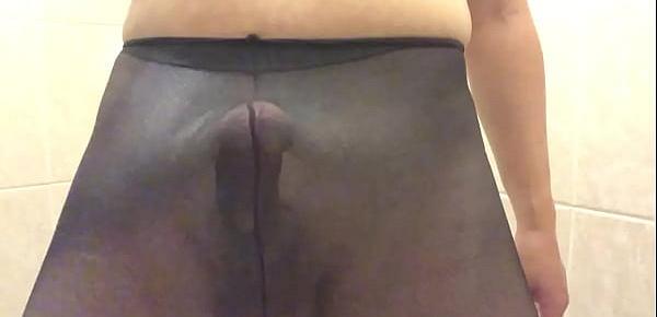  Shower jerk off and cum in black pantyhose